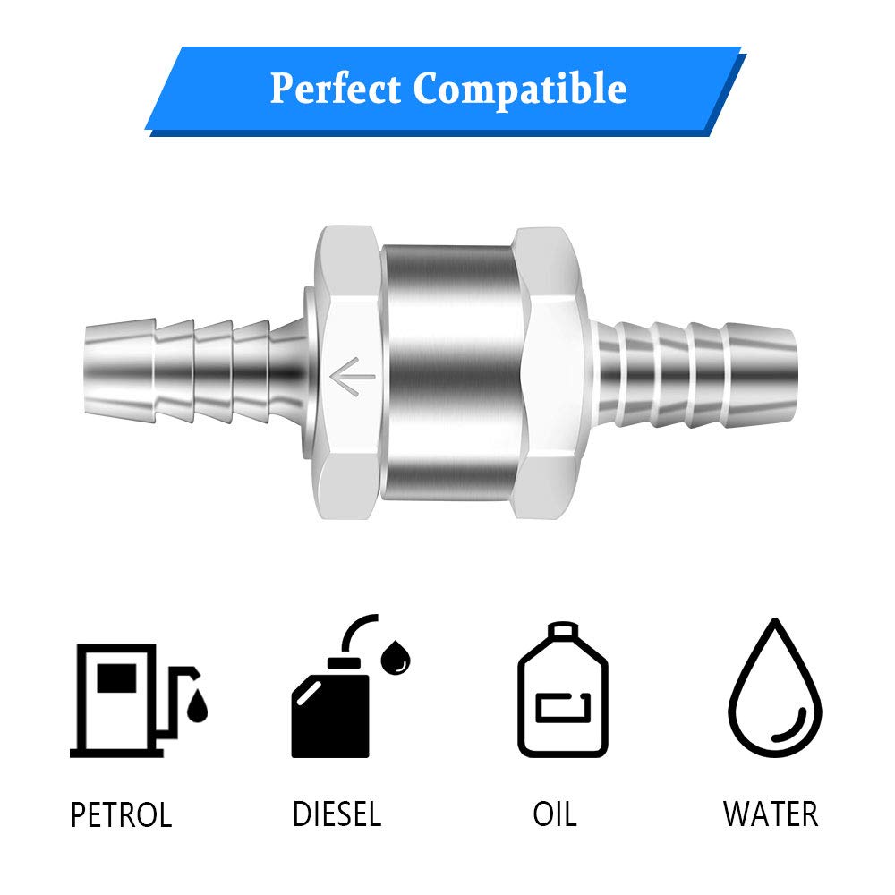 8mm One Way Aluminium Fuel Non Return Fuel Check Valve for Petrol Diesel Oil Water Chrome Car Auto Carburettor Low Pressure Systems(2 Packs)