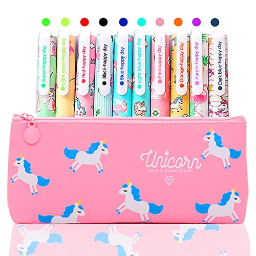 TOYESS Unicorn Pencil Case with 10 Colours Gel Pen Gift for Children Girls Age 3 4 5 6 7 8 9 10 Years Cute Flamingo Gel Pen Set for Girls Birthday Gift Pink