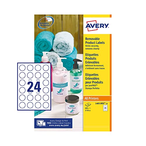 Avery Self Adhesive Removable Round Labels, 24 Labels Per A4 Sheet, 600 Labels, White