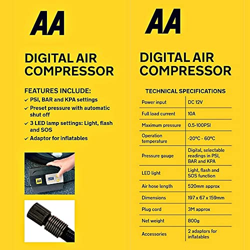 AA 12V Digital Tyre Inflator AA5502 – For Cars Other Vehicles Inflatables Bicycles - Shows PSI BAR KPA 0-120 PSI – Includes Adaptors, Black