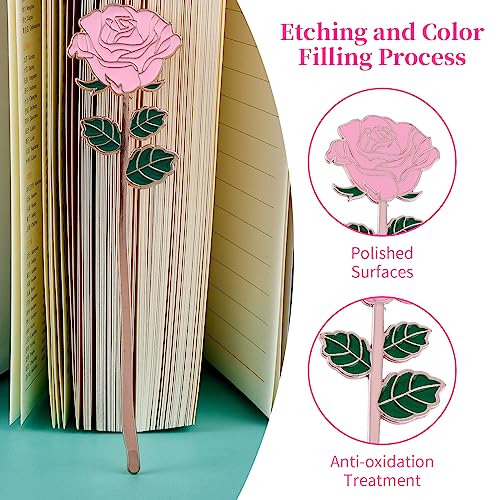 Bewudy Pink Rose Bookmark Gift, Metal Book Page Holder for Reading Lovers, Teacher Appreciation Gifts Valentine Mother's Day Christmas Birthday Gift for Women Book Lovers (Pink Rose)