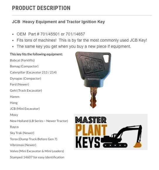 Master Plant Keys fits JCB 701/45501 with OEM Logo Genuine Equipment Ignition Key Black