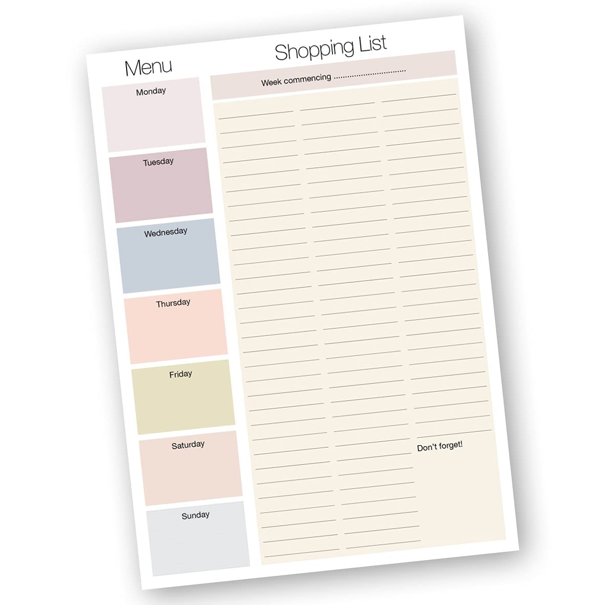 Shopping List Pad with detachable Weekly Meal Planner. 50 sheets 247 x 172mm per pad. Made in the UK by Absolutely Yours.