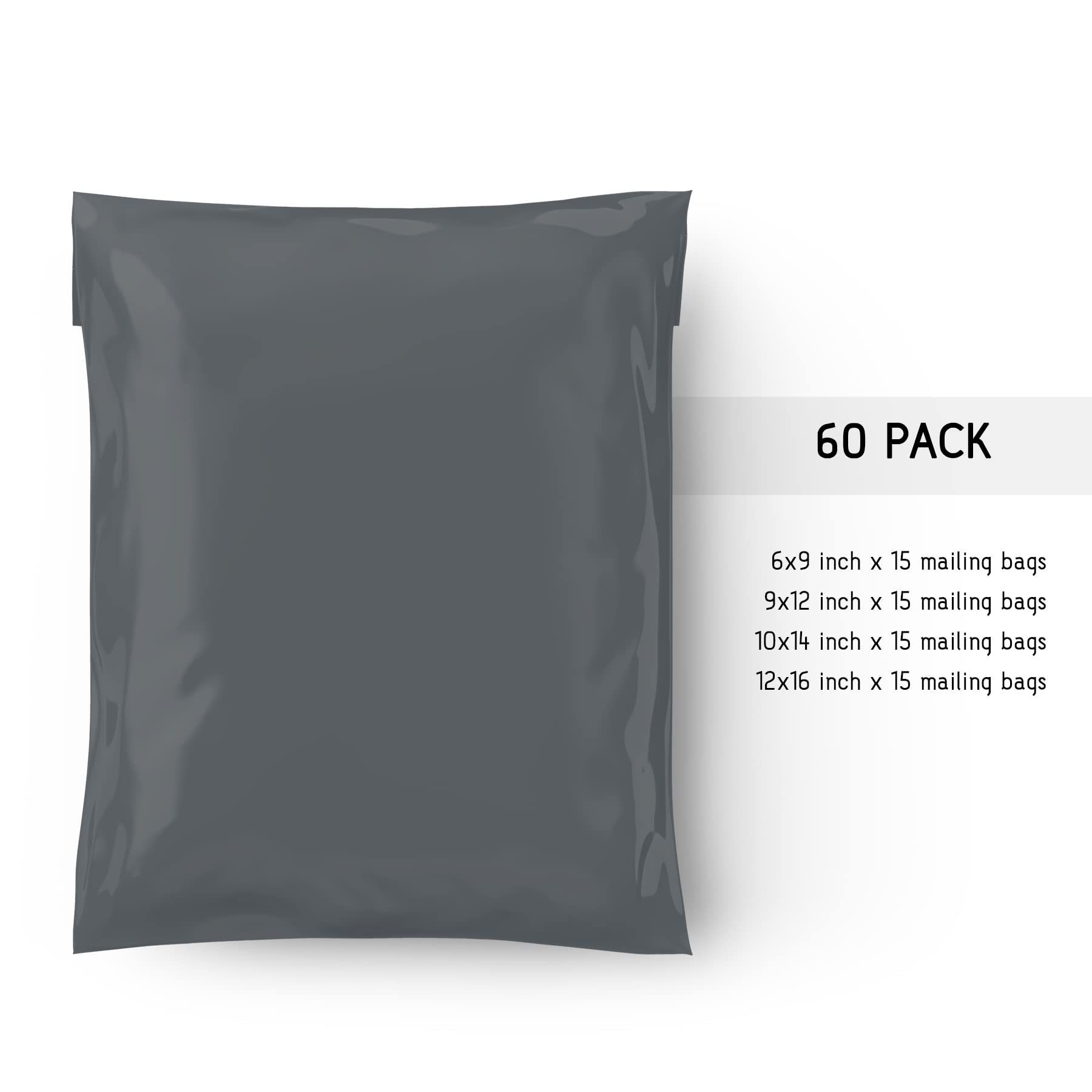 Straame 60 Mixed Size Grey Mailing Postal Bags, Self-Seal Closure Packaging Bags, Delivery Mailing Bag Flexible and Tempered Proof, 4 Sizes Small to Large Postal Bags 15 Each