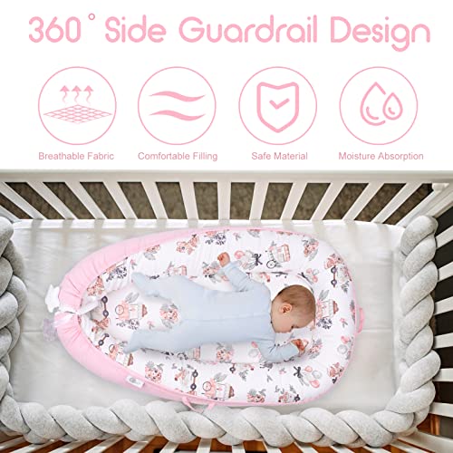 YGJT Baby Nest Pod for Newborn, Baby Lounger for 0-12 Months Boys Girls, 100% Cotton Baby Sleep Nest, Baby Essentials for Newborn, Baby Gifts (Lovely Deer Pink)