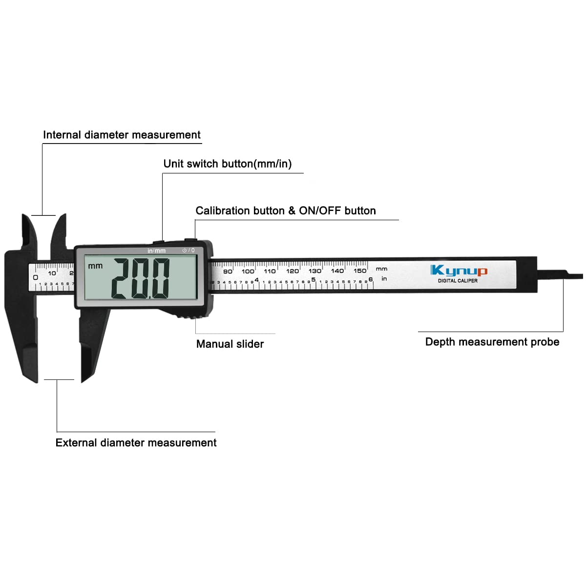 Kynup Large LCD Screen Digital Caliper, 150mm Caliper Measuring Tool, Inch/Millimeter Conversion, Lightweight Digital Vernier Caliper, Measuring Tools Calipers Gauge, Carbon Fiber, 150mm/6''