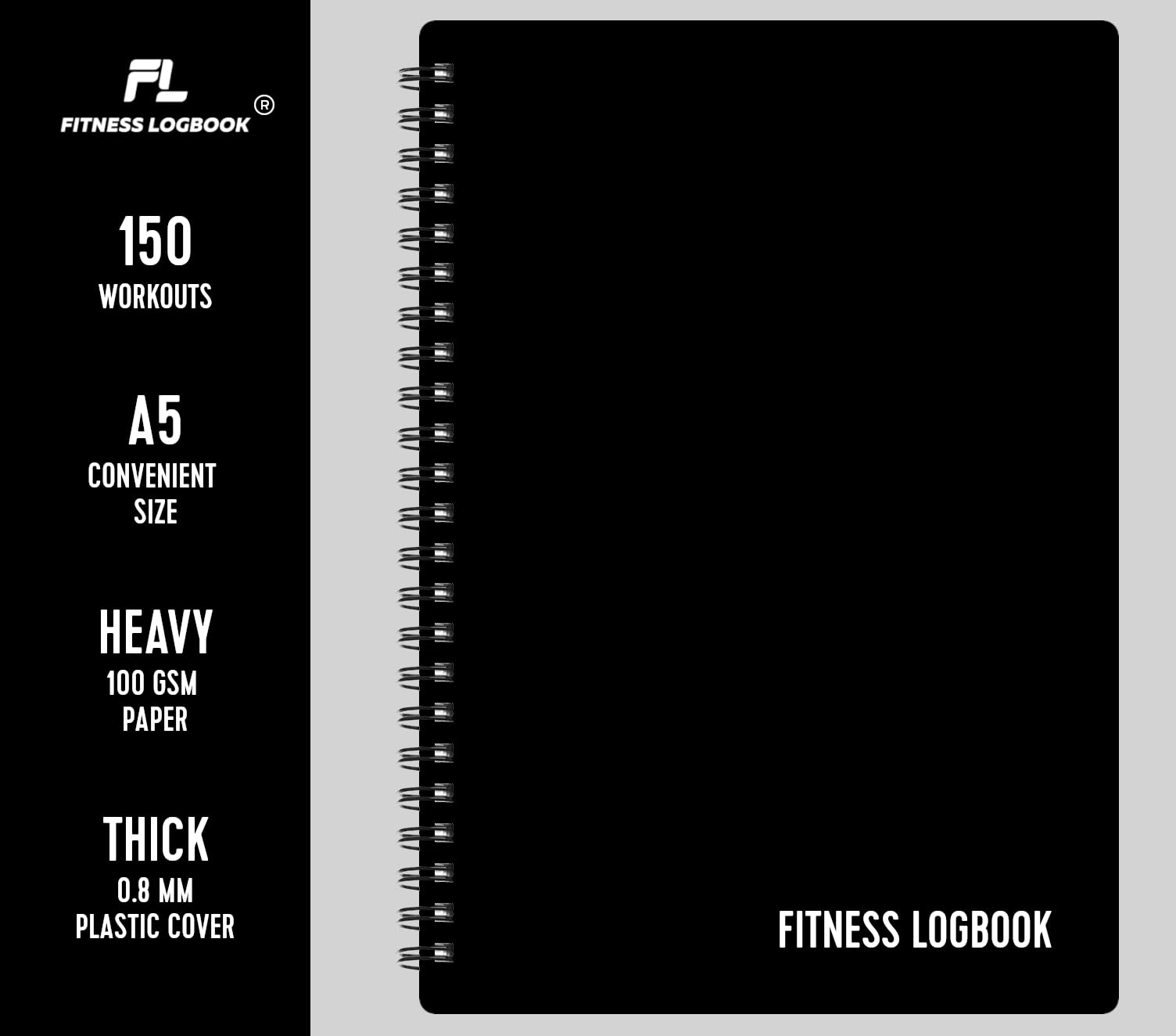 Fitness Logbook - Track 150 Workouts - Thick Paper, Durable Cover - A5 - Undated Workout Journal, Planner Log Book - Track Weight Loss, Muscle Gain, Gym Exercise, Bodybuilding Progress (Black)