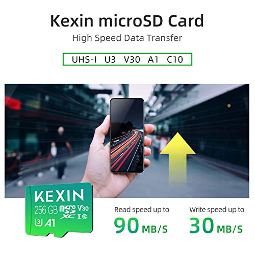 KEXIN Micro SD Card 256GB MicroSDXC UHS-I Memory Card 256GB and SD Adapter A1 V30 U3 Class 10 Full HD MicroSD Card 256GB Micro SD Card for Smartphones, Action Cameras, Drones, Tablet