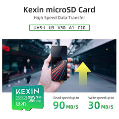 KEXIN Micro SD Card 256GB MicroSDXC UHS-I Memory Card 256GB and SD Adapter A1 V30 U3 Class 10 Full HD MicroSD Card 256GB Micro SD Card for Smartphones, Action Cameras, Drones, Tablet