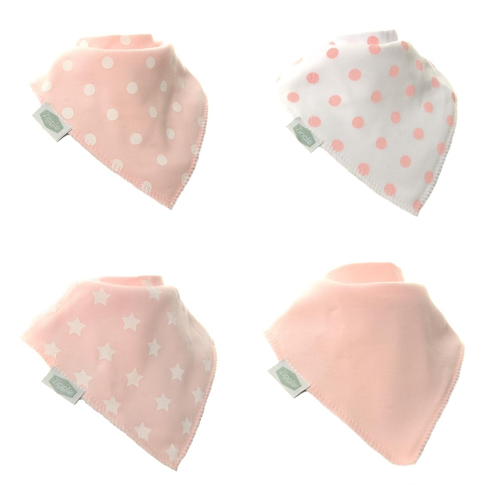 Ziggle Baby Bandana Dribble Bibs, Super Absorbent, Fits Newborn to Toddler, Award Winning, 4 Pack (Pink & White)