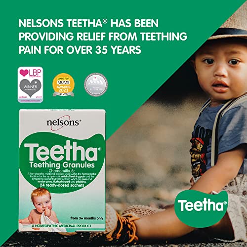 Teetha Baby Teething Granules, 24 Sachets, 3and Months, 6c Chamomilla, Homeopathic Relief for Soothing & Calming Teething Symptoms, System-Booster for Babies & Toddlers