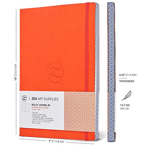 Large B5 Dotted Notebook - Enjoy Bullet Journaling with a Soft Cover 7x10-inch, Non-Bleed Thick 120gsm Paper, Dotted Journal in Orange Color, Japanese Edge Motif - Faux Leather Dot Journal - ZenART