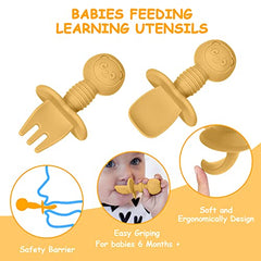 Vicloon Baby Fork and Spoon Set, 4Pcs Silicone Self Feeding Utensil Easy Grip Toddler Cutlery Kit, Infant Toddler Children First Led Training Weaning, Baby Weaning and Feeding Spoons(Apricot-Yellow)