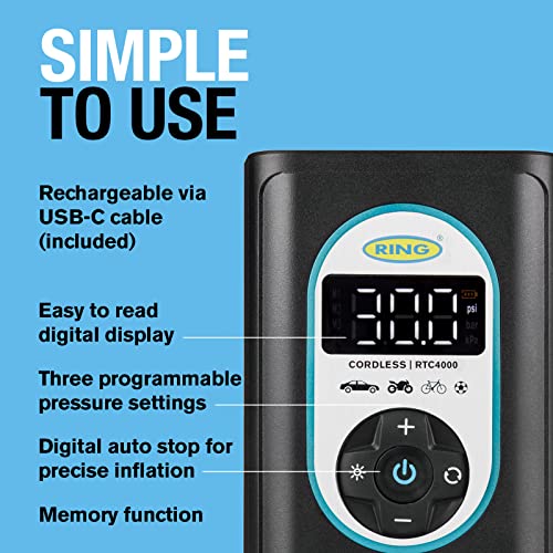 Ring Automotive RTC4000 cordless tyre inflator air compressor car pump. Rechargeable, auto stop, LED light, digital screen, memory function, case and adaptor kit