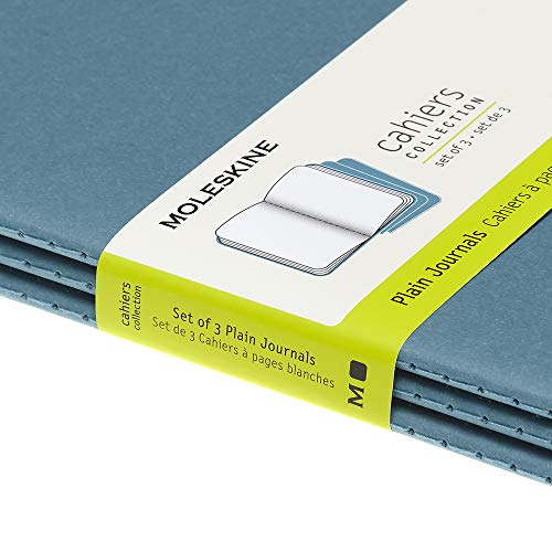 Moleskine Cahier Journal, Set 3 Notebooks with Plain Pages, Cardboard Cover with Visible Cotton Stiching, Colour Brisk Blue, Large 13 x 21 cm, 80 Pages