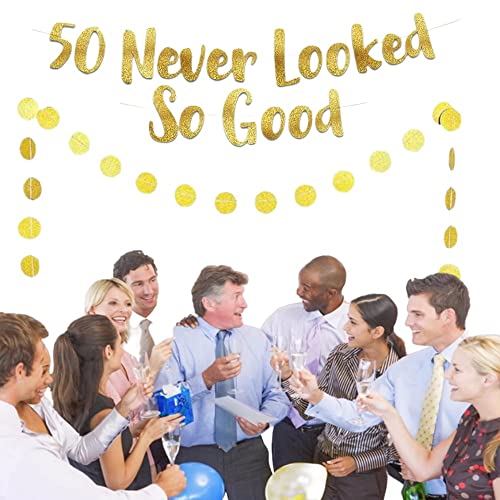 50 Never Looked So Good Banner and 2m Paper Circle Dots Hanging Garland Kit Paper Banner Bunting for Funny Birthday Party Hanging String Flag