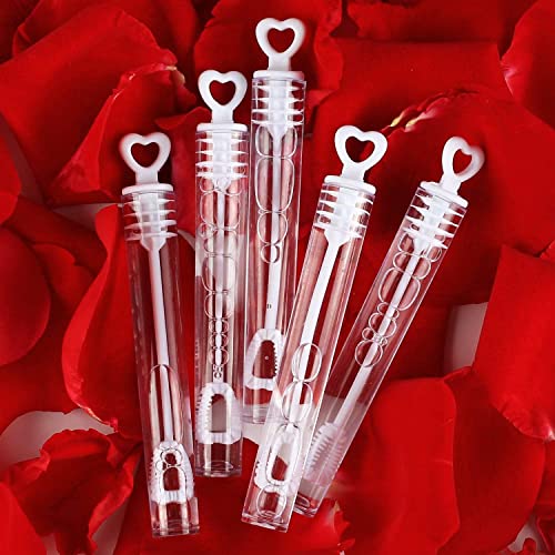 12 Mini Heart Bubble Tubes With 4ml Bubble Liquid Solution and Blow Wands, Weddings favours, Parties, Celebrations, Children’s Birthday Party Bag Fillers, Kids Toys (White Heart 12 Pack)