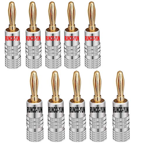 RUNCCI-YUN 10 Pcs 24K Gold-Plating Speaker Banana Plugs Audio Jack Connector forconnection to Speakers, amplifiers, A/V receivers, Power amplifiers & Stereo Systems (5 Black and 5 Red)