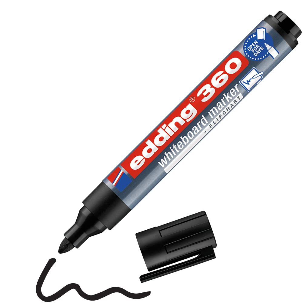 edding 360 whiteboard marker - black - 1 whiteboard pen - round nib 1.5-3 mm - whiteboard pen dry wipe - for whiteboards, flipcharts, pinboards, magnetic and memo boards - sketchnotes - refillable