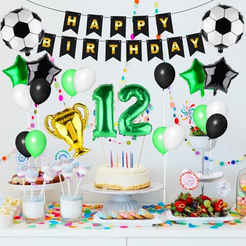 Football Balloon 12 Birthday Decoration Green 12th Birthday Decoration Boys Happy Birthday Garland Deco Balloons for Kids Boy Birthday Party Football Deco (12th)