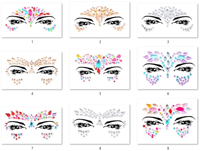 9 PCS Face Gems Adhesive Glitter Jewel Tattoo Sticker Festival Gems Rave Party Body Make Up Z9ZAKMIXA Multi-colored