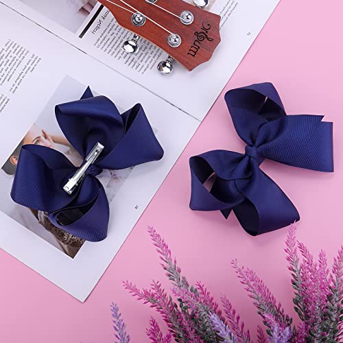 Sibba Ribbon Hair Bows Clips Barrettes 2 Pieces 6 Inch Vintage Big Ponytail Holder Cheerleading Hairpin Easter Party Decorative Hair Styling Accessory Women (2 PCS Dark Blue)