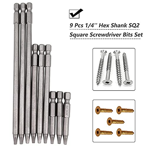 Saipor Set of 9 Pieces Magnetic SQ2 Square Head Screwdriver Bits 1/4 Inch Hex Shank Square Drive Bit Security Electric Screw Driver Drill Bit for Electric Hand Screwdrivers, 50/100/150mm Length