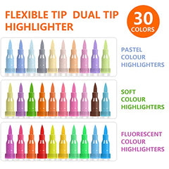 Efimeso 30 Colour Pastel Highlighters Pens, Aesthetic Double Highlighters Pastel Marker With Soft Tip Fine Tip, Cute Stationary Sets Accessories For Planner Notes School Supplies