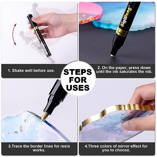 SigWong Metallic Chrome Markers, 4Pcs Mirror Acrylic Pens Paint, Waterproof and Reflective, Gloss Permanent Liquid Chrome Pen for Resin Painting, Model Metal Glass Plastic Painting - Gold