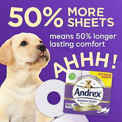 Andrex Supreme Quilts Mega Toilet Roll - 9 Mega Rolls (13.5 Standard), 3-ply, 25% Thicker Paper than Before to Provide Ultimate Quilted Comfort