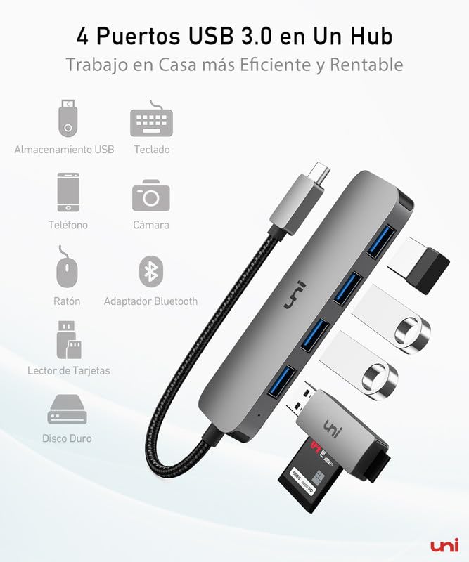 uni USB C Hub, USB Type C to 4-Port USB 3.0 Adapter, [5Gbps, Aluminium, Nylon] Ultra Slim USB Hub USB C to USB, Thunderbolt 3 Data Hub for MacBook Pro/Air iPad Pro XPS Chromebook iPhone15 Pro Galaxy