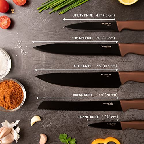 nuovva Sharp Kitchen Knife Set – 5pcs Copper Kitchen Knives – Professional Stainless Steel Filleting Knives - Black Non Stick Blades