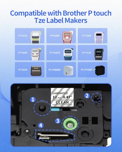 Upwinning TZe-131 Clear Label Tape Compatible Brother P-Touch TZe-131 Tze131 Aze131 Black on Clear Tape TZe 12mm 0.47 Laminated Transparent Label TZe131 for Ptouch PT-1000 1010 H101C H110 H105, 3-Pack