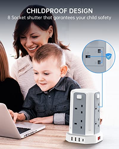 Tower Extension Lead with USB Slots, (13A 3250W) Surge Protection Extension lead with 4 Control Switch, 8 AC Outlets & 4 USB Ports Plug Extension Socket, Extension Cable 3M for Office, Home, Kitchen