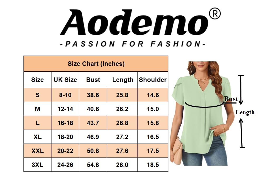 Aodemo Women's Summer Chiffon V Neck Blouses Tulip Short Sleeves Dressy Tunic Office Tops Casual Loose T-Shirts L, Matcha Green