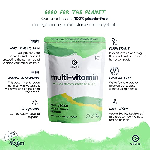 Vegan Multivitamins & Minerals - With High Strength Vitamin B12, D3, K2 & Iron - 180 Tablets in 100% Plastic-free Packaging - 6 Month Supply - Advanced Supplement for Men & Women - Palm Oil & GMO Free