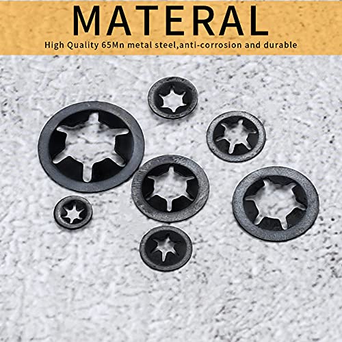 340 Pcs Starlock Washers, Internal Tooth Quick Speed Locking Washers, Push On Speed Clips Fasteners Starlock Washers Assortment Kit - 65Mn, Black, M3/M4/M5/M6/M8/M10/M12