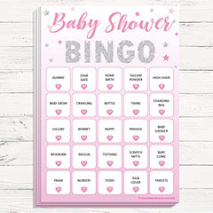 Pink Bee Parties Baby Shower Bingo - Baby Shower Party Game for up to 20 Players - PINK STARS