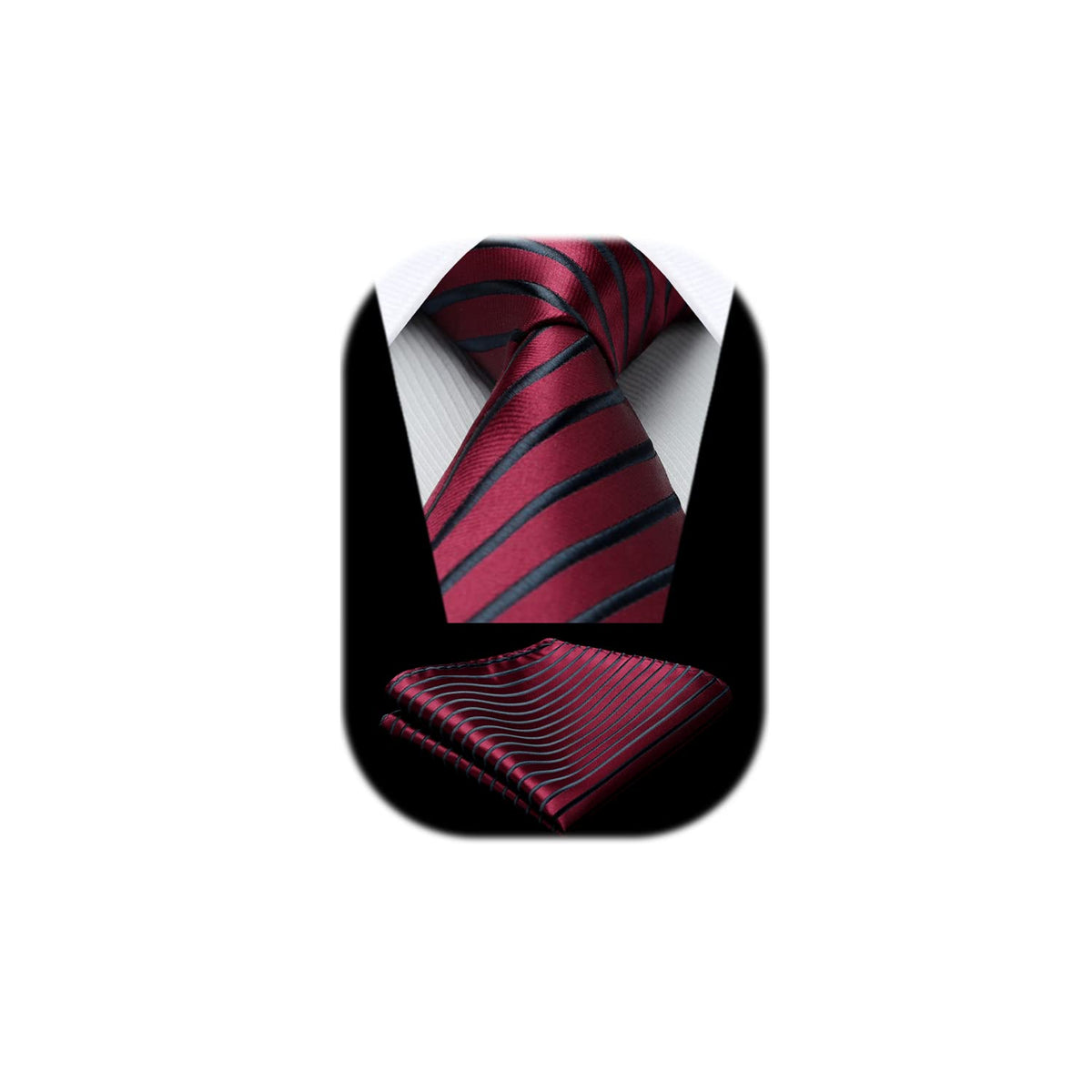 HISDERN Men's Ties Black & Burgundy Tie and Pocket Square Set Striped Formal Classic Elegant Necktie & Handkerchief for Business Wedding Party