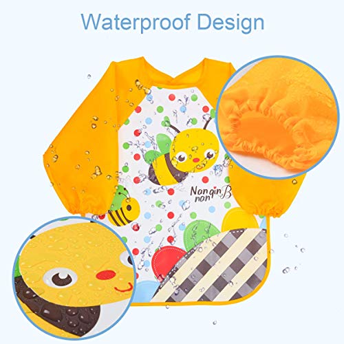 Vicloon Bibs with Sleeves, 4 Pcs EVA Unisex Feeding Baby Bibs Waterproof Long Sleeve Bib Apron Lovely Cute Cartoon Bibs for Infant Toddler 6 Months to 3 Years Old