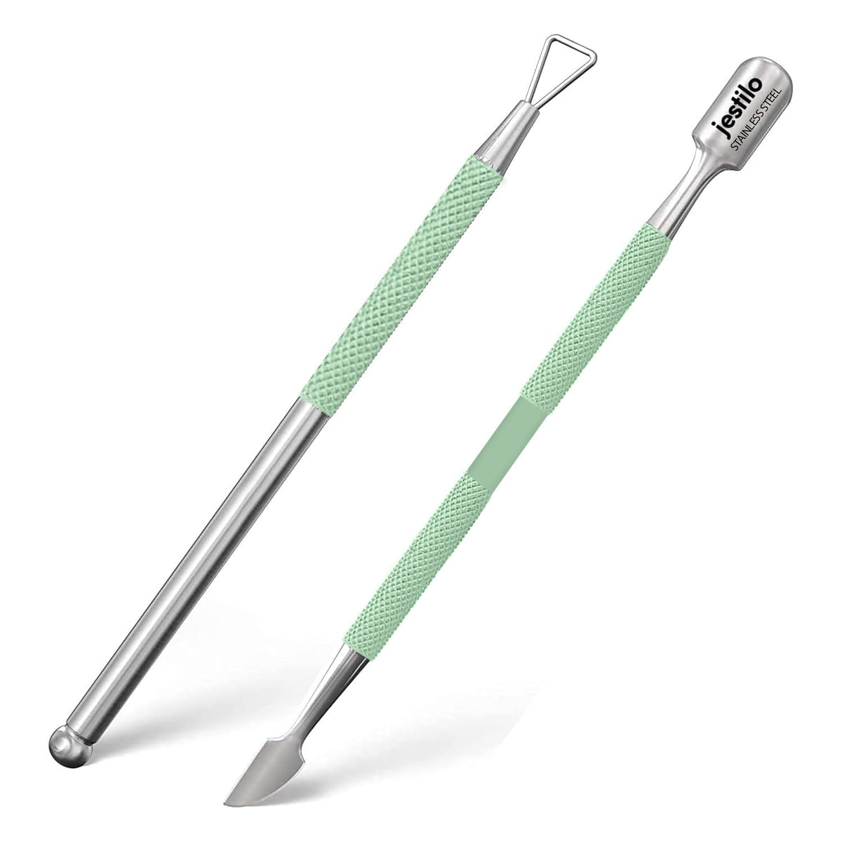 Jestilo Stainless Steel Cuticle Pusher and UV Gel Nail Polish Remover [Pack of 2] Cuticle Remover & Trimmer   Nail Art Tools Scraper and Cleaner (Green)