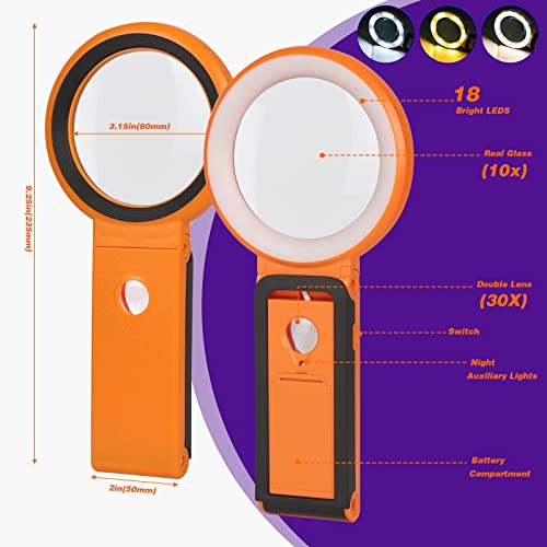 30X 10X Magnifying Glass with Light and Stand, Folding Handheld Magnifying Glass 18 LED Illuminated Lighted Magnifier for Macular Degeneration, Seniors Reading, Close Work, Coins, Jewelry (Orange)