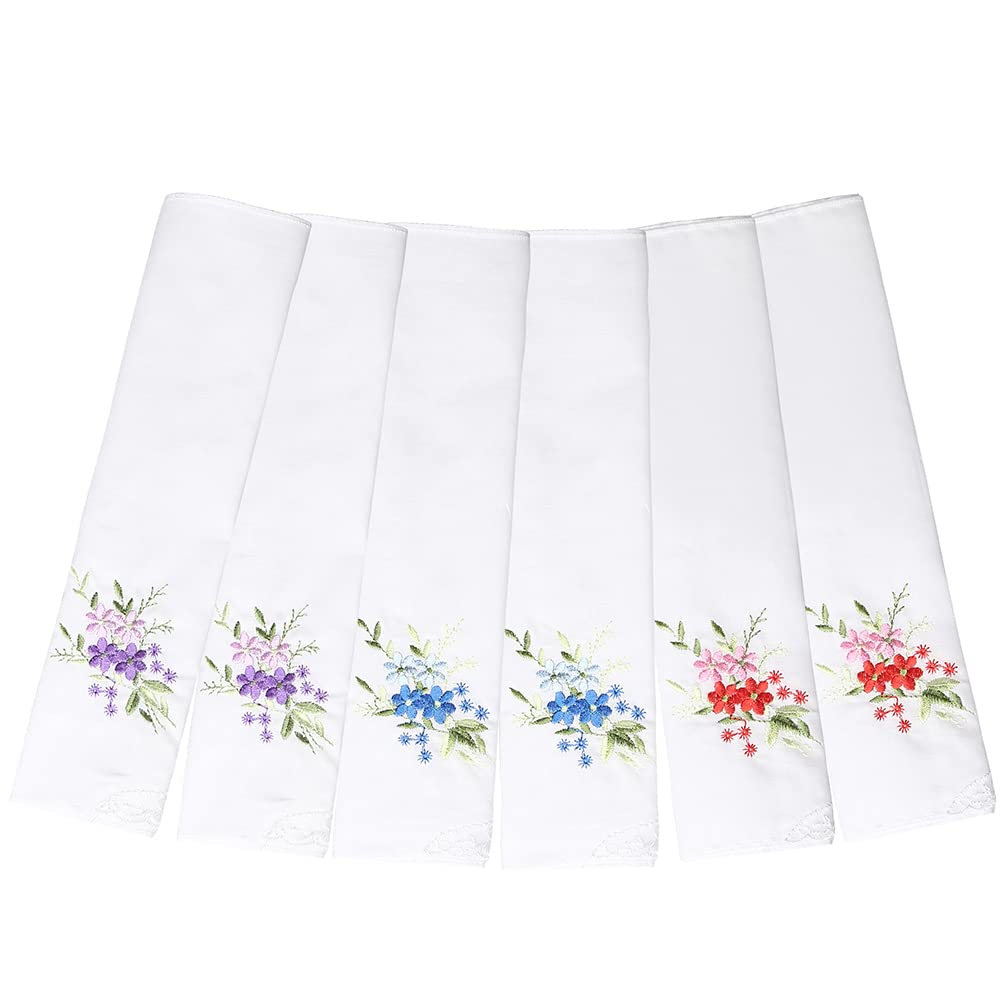 pengxiaomei 6 Pieces Women's Handkerchief, 100% Cotton 27X27cm Floral Embroidery Lace Ladies Handkerchiefs