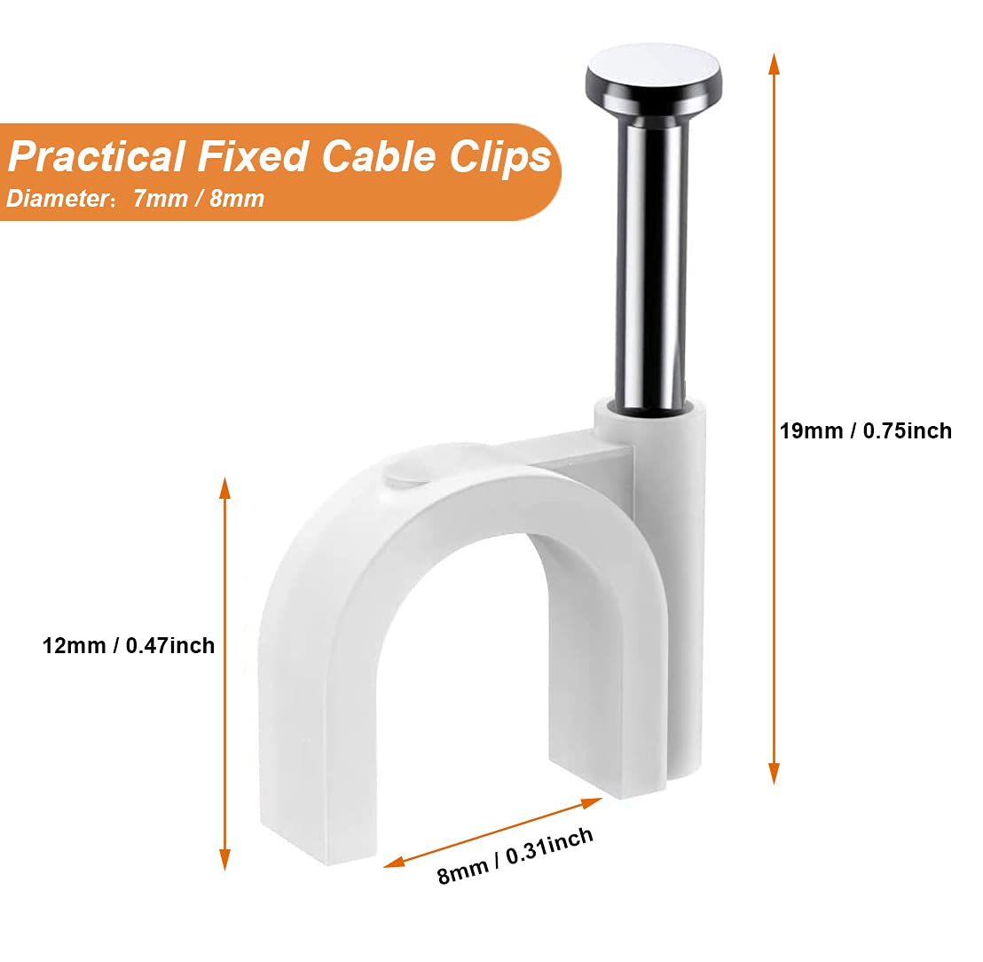 Cable Clips, 100 Pack Round White 7mm Wire Clips Management with Steel Nail for TV Computer Telephone