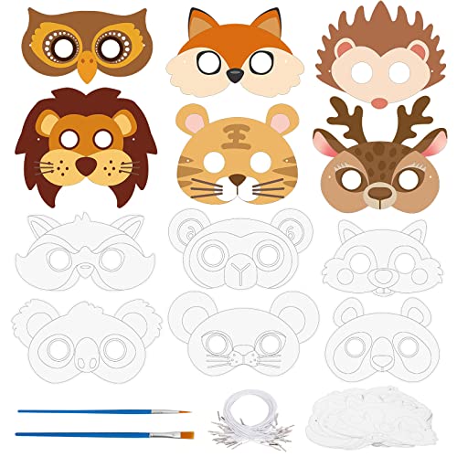 Landifor 24pcs Animal Masks for Kids DIY Colour-In Masks DIY Graffiti Blank Painting Masks with Owl Hedgehog Squirrel Pattern for Jungle Safari Forest Theme Birthday Party