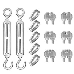 AFASOES Turnbuckle Wire Tensioner Stainless Steel Cable Wire Tensioner Kit with Wire Cable Clamp and Wire Rope Thimble for Clothesline, tension wire, outdoor String Light object Suspension (13 Pcs)