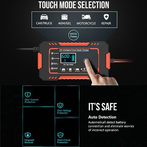 12V/6Amp Car Battery Charger, Smart Fully Automatic Battery Charger with Temperature Compensation for Most Types of Lead Acid Batteries, Red, AC Connection Required