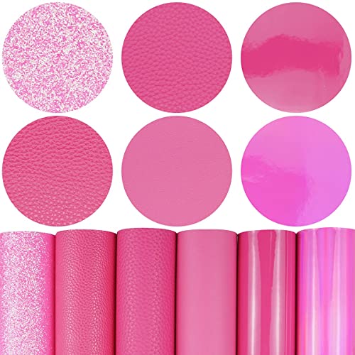 6 Pieces/Set 8x12 Inch (21cm x 30cm) A4 Bundle Leather Sheets Mixed Hot Pink Series Sparkle Fine Glitter Patent Holographic Litchi Faux Leather Fabric for Bow Earring Making DIY Craft