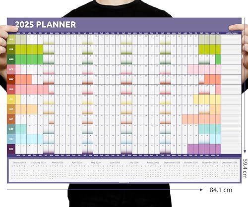 2025 Wall Planner Calendar A1 Size (84cm x 59cm) Full Year to view Calendar Home Office Work Full Year (Rainbow)