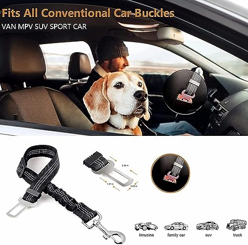 Dog Seat Belts for Cars - Dog Seat Belt Adjustable Elastic Bungee - Strong Durable Dog Car Harness - Car Dog Seat Belt 360 Degree Swivel Attach Won't Twist, Reflective, Easy to Use (BLACK)